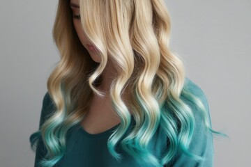 Fototapeta premium Woman displays wavy blonde hair with teal ombre ends. Hair stylists use for color trends. Beauty salons promote new looks. Fashion ads feature hair color. Models show off unique hair dyes. Creative