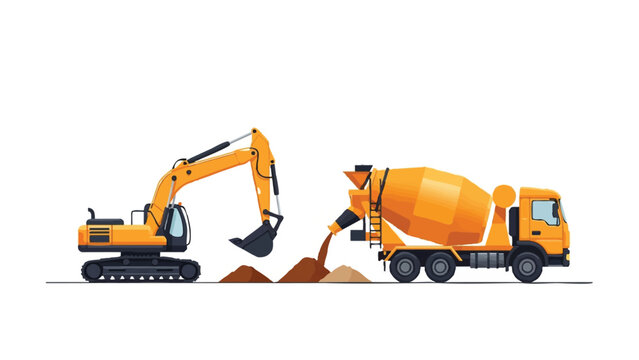 Heavy Construction Machinery Set with Yellow Excavator and Concrete Mixer Truck Isolated on White