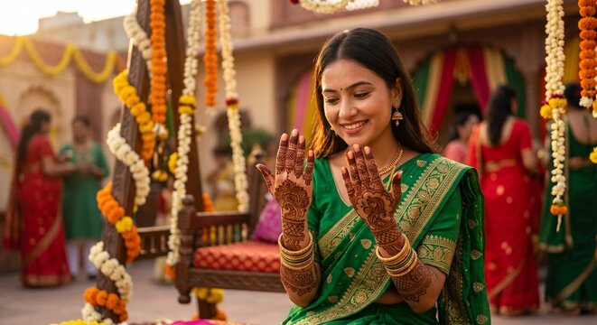 Teej Festival Mehndi Art Smiling Woman in Warm Golden Celebration