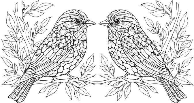 Birds on a branch silhouette coloring page for adults and kids