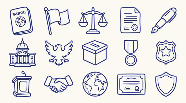 Collection of legal and government icons representing justice, law, and authority.