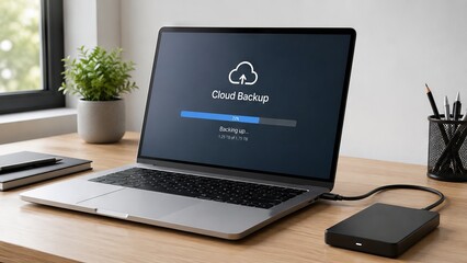 Fototapeta premium Laptop displaying cloud backup progress bar on screen for data synchronization. External hard drive connected to computer for digital storage and secure file transfer process