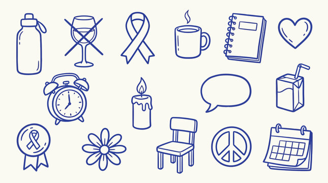 Collection of hand-drawn icons representing various concepts like health, time, communication, and awareness.