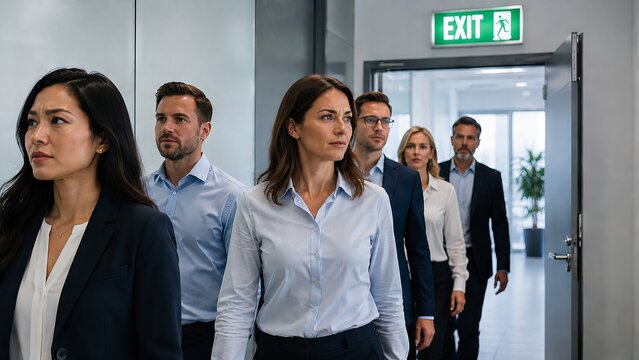 Group of serious colleagues walking out of office through safety exit. Business people team leaving workplace during emergency or work shift end. Professional corporate evacuation concept
