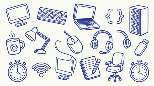 Collection of hand-drawn computer and office equipment icons on a white background.