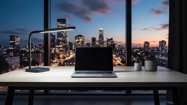 Desk with laptop and plant overlooking city skyline at sunset, remote work setup, modern office interior with large window