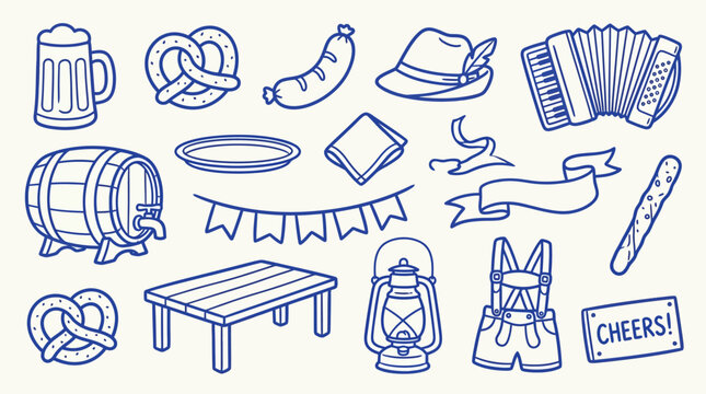 Collection of hand-drawn Oktoberfest icons and symbols, perfect for festive decorations and designs.
