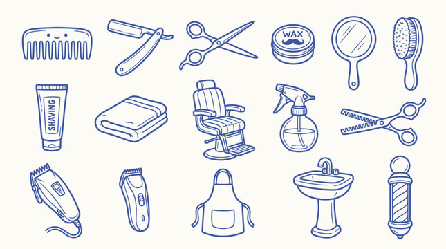 Collection of hand-drawn barber shop tools and equipment, including a chair, scissors, razors, and combs, presented in a simple, clean illustration style.