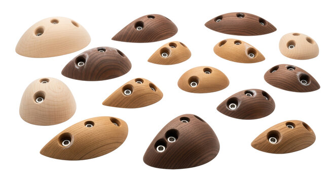 Diverse natural wood climbing holds (maple, oak, walnut) with visible grain, sanded surfaces, metallic bolts, and chalk dust, arranged on a transparent background, clean minimalist athletic concept