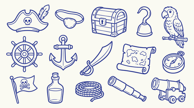 Collection of pirate-themed icons and symbols, including a hat, eyepatch, treasure chest, hook, parrot, ship's wheel, anchor, sword, map, compass, flag, bottle, rope, telescope, and cannon.