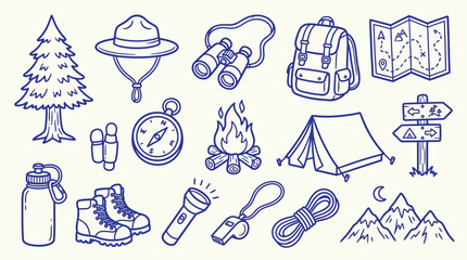 Collection of hand-drawn outdoor adventure and camping icons, perfect for travel and exploration themes. © zainab