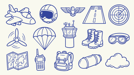 Collection of hand-drawn aviation and travel icons, including an airplane, pilot helmet, runway, and map. © zainab