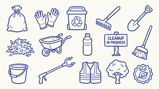 Collection of illustrated icons representing tools and items for environmental cleanup and gardening tasks.