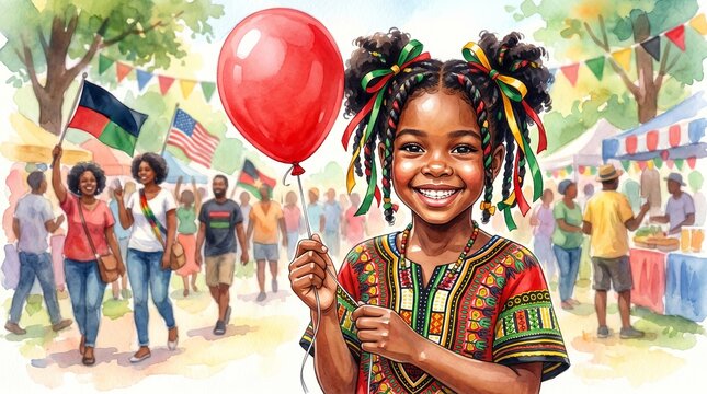 African American girl holding red balloon at Juneteenth celebration. Happy child participating in cultural festival outdoor. Watercolor illustration of diverse community in public park