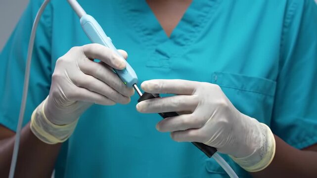 close up of medical professional hands wearing gloves assembling surgical equipment, healthcare, sterile procedure, precision tool adjustment