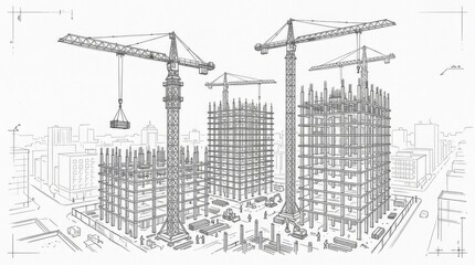 Fototapeta premium Hand-drawn sketch of high-rise towers and construction cranes.