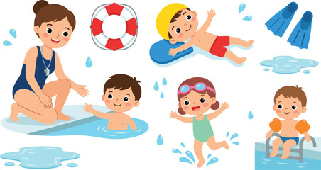 Fototapeta premium Children Swimming Lessons Vector Set with Instructor, Kids Learning to Swim, Pool Safety Icons, Kickboard, Lifebuoy, and Water Splashes for Educational Layouts