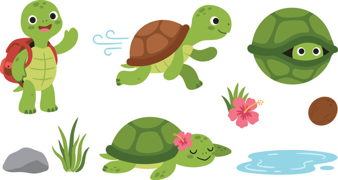 Cute Cartoon Turtle Character Vector Set with Tortoise Running Hiding in Shell Going to School and Relaxing for Children Graphic Designs