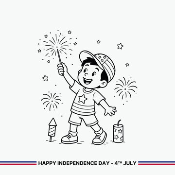Happy Boy Celebrating Fourth of July with a Sparkler, Surrounded by Fireworks and Patriotic Symbols, Outline Illustration
