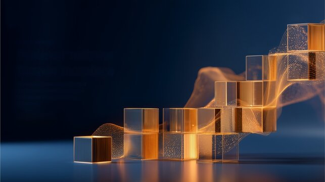 AI生成し直した、深いネイビーの空間で階段状に積み上がるアンバーのガラスキューブと金の光の流れ｜成長と上昇を象徴するビジネスの軌跡
