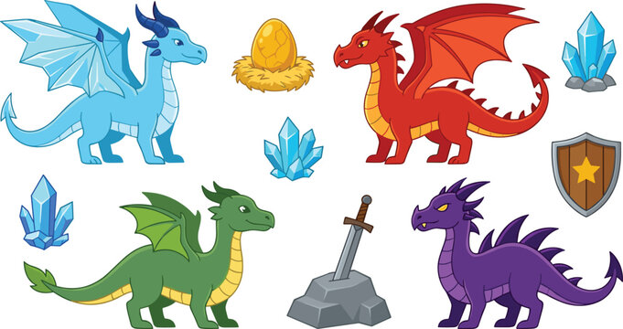 Fantasy Dragon Character Clipart Set Featuring Red Blue Green Purple Dragons Golden Egg Sword in Stone Crystals and Shield Vector Illustration