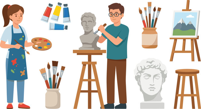 Artist and Sculptor Character Set with Painting Palette Paint Tubes Brushes Easel Stool and Plaster Bust Sculpting Tools Vector Illustration