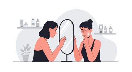Fototapeta premium Woman's Skincare Routine: Applying Treatment to Acne in Mirror