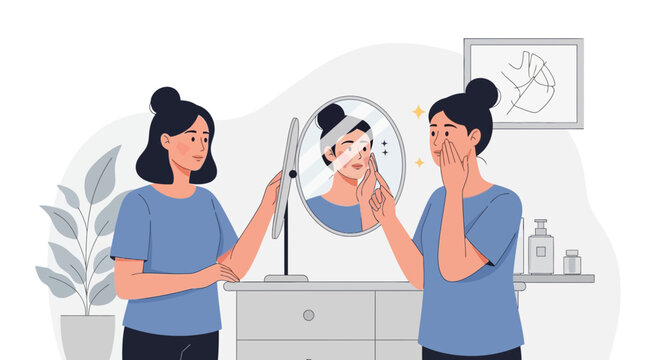 Young woman examining face in mirror, skincare routine, self-care, beauty concept