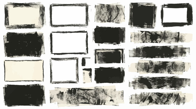 Vector set of grunge texture roller ink streak and frame with paint print for collage layout. Handcrafted charcoal stamp, letterpress rectangle, and linocut square graphic element.