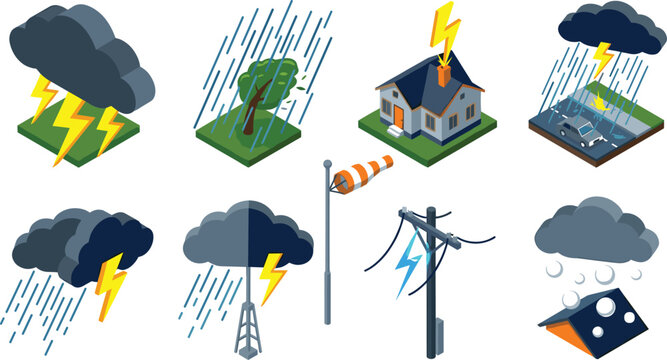 Isometric Natural Disaster Severe Weather Icon Set Featuring Thunderstorm Clouds Lightning Strike Heavy Rain Hailstone Blizzard Wind Damaged House and Broken Power Line Vectors