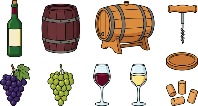 Winery and Wine Tasting Icon Set Featuring Bottle Red and White Wine Glasses Grapes Wooden Barrels Corkscrew and Corks Vector Illustration