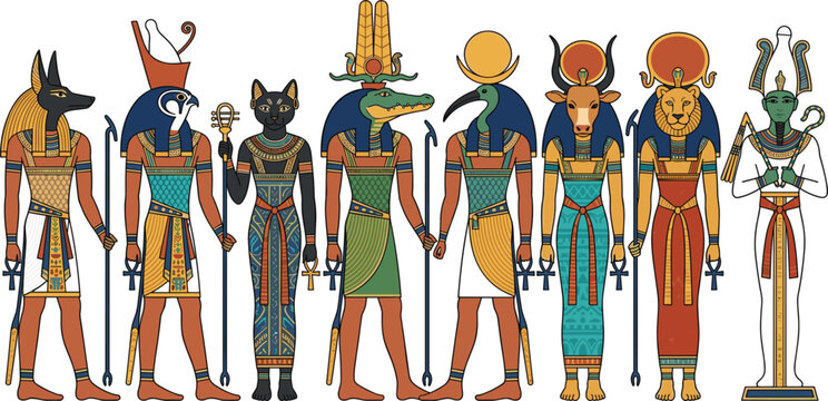 Ancient Egyptian Gods and Goddesses Pantheon Vector Illustration Set Featuring Anubis Horus Bastet Sobek Thoth Hathor Sekhmet and Osiris Cartoon Characters
