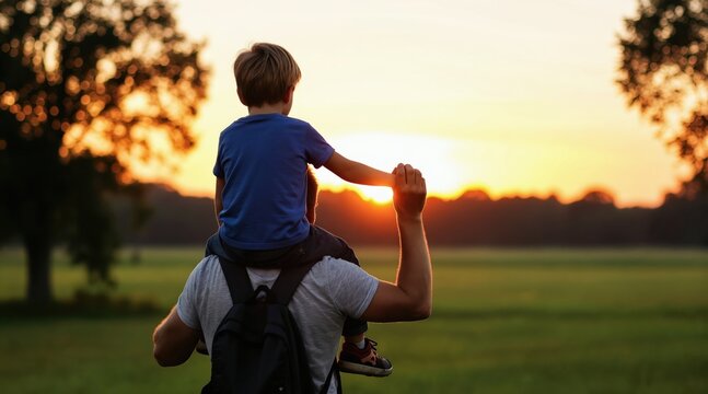 Father carries son on shoulders watching sunset over green field. Child holds dads hand in warm evening light. Family bond creates happy childhood memories.