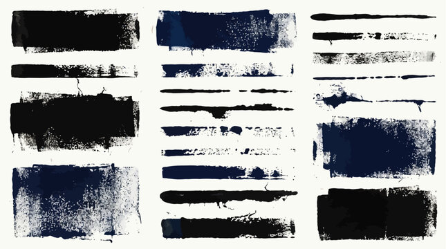 Handmade grunge roller ink texture collection with long messy streaks and black paint strip marks on paper for collage zine art. Vector ink-stained printmaking stamps for graphic design layout.