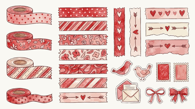 Elegant Red Pink Decorative Washi Tape Collection Featuring Vintage Paper Strips Sticky Masking Elements and Retro Scrapbook Sticker Set for Creative Journal Craft Projects Vector Illustration