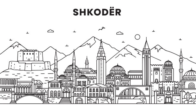 Shkodr City Skyline Vector Art Illustration Black and White