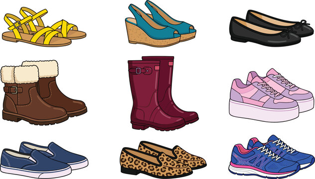 Women Fashion Footwear Vector Icon Set with Sandals Wedge Heels Flats Winter Boots Rainboots Platform Sneakers Loafers and Running Shoes