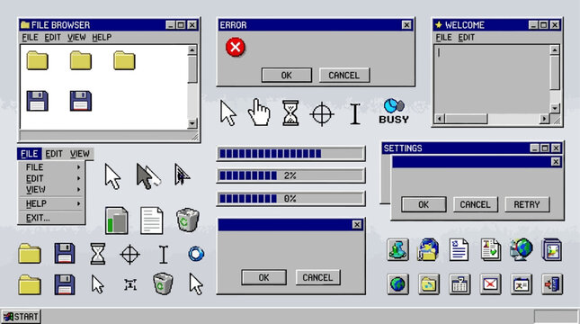 Vintage Pixel Art User Interface Elements Set Featuring Retro 8-bit Windows Browser Menus Loading Bars Mouse Cursors and Message Frames from the 90s Digital Era Isolated Vector Illustration