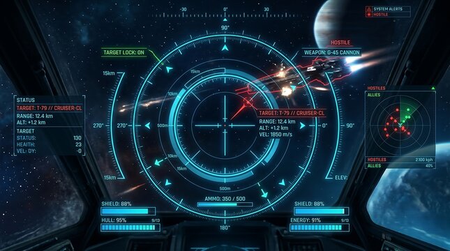 Futuristic spaceship cockpit HUD with targeting reticle and space battle