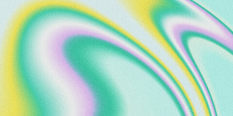 Fototapeta premium Grainy-textured abstract fluid gradient background with swirling curved waves in mint green, lemon yellow, and lavender purple; soft blurred color flow, retro noise grain effect.