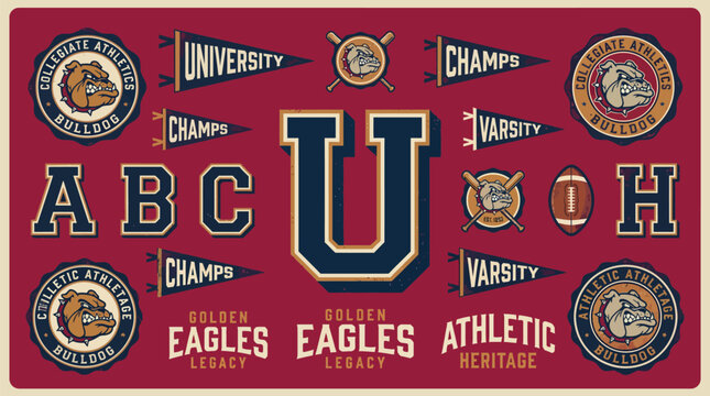 Comprehensive Collegiate Athletics Branding Kit with Bulldog Mascot Badges Pennants Varsity Letters for University Sports Team Identity Design