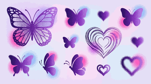 Vibrant Y2K aesthetic grain texture icons featuring gradient purple butterflies and hearts. Retro dotwork insect silhouettes and love symbols in pink and blue shades. Vector spray design set.