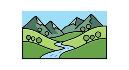 Fototapeta premium Stylized Mountain Landscape with River and Trees