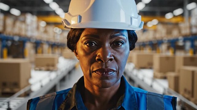 A determined warehouse manager oversees logistics operations with a serious expression.