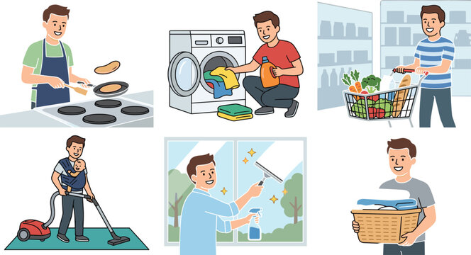 Man Doing Housework Icon Set with Male Character Cooking, Doing Laundry, Grocery Shopping, Vacuuming, and Cleaning Windows Vector Illustrations