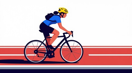 Fototapeta premium Woman rides bicycle on dedicated bike lane wearing helmet and backpack. Cyclist in motion on road with red stripes. Graphic illustration of urban commute activity.