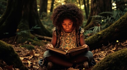 Naklejka premium Young Black girl sits cross-legged in autumn forest reading old book. Magical glowing particles float around her as she studies pages. Sunlight filters through trees creating atmospheric mood.
