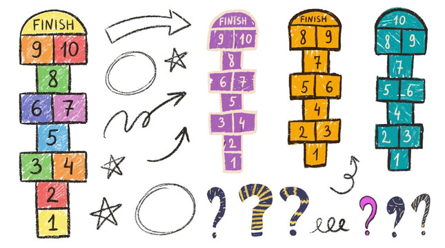 Colorful Vector Set of Handwritten Hopscotch Game Outlines Drawn with Crayon and Chalk for Kids Outdoor Playground Entertainment, Isolated on White Background for Kindergarten Educational Design.