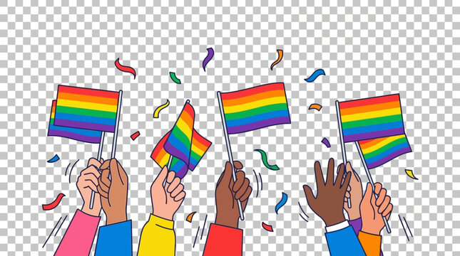 Hands waving rainbow pride flags uplift the atmosphere during a colorful community celebration.