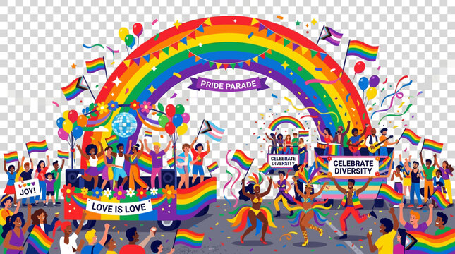 People celebrate during a pride parade featuring colorful floats and a large rainbow arch under confetti.